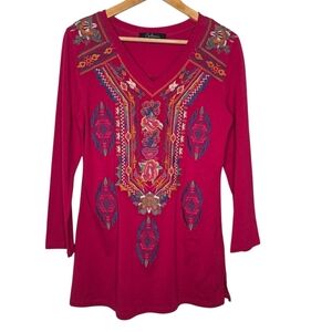 Calessa Womens Raspberry Pink Boho Aztec Embroidered V Neck Tunic Top Size Small